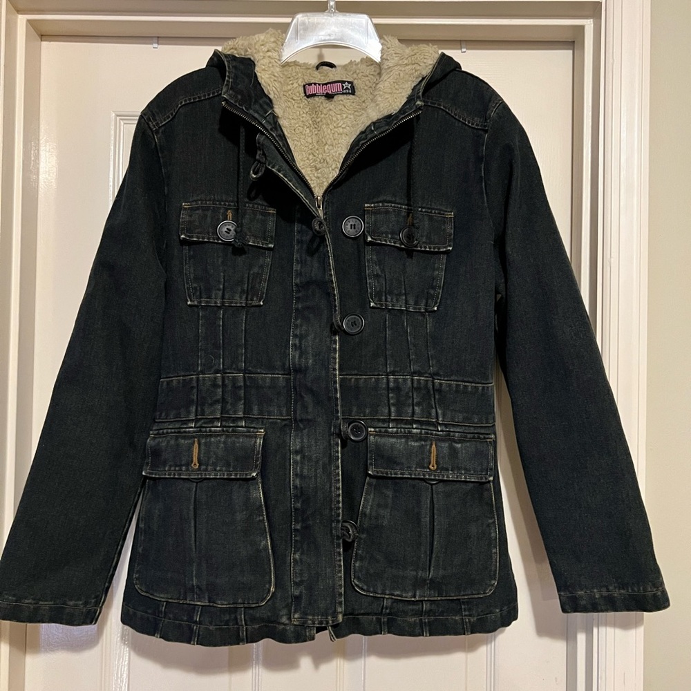 Dark Blue Distressed Denim Jacket with Faux Fur/Sherpa Lining Y2K